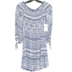 NWT Rip Curl Women's Dress Southeast Swell Boho Blue White Smocked Off‎ Shoulder